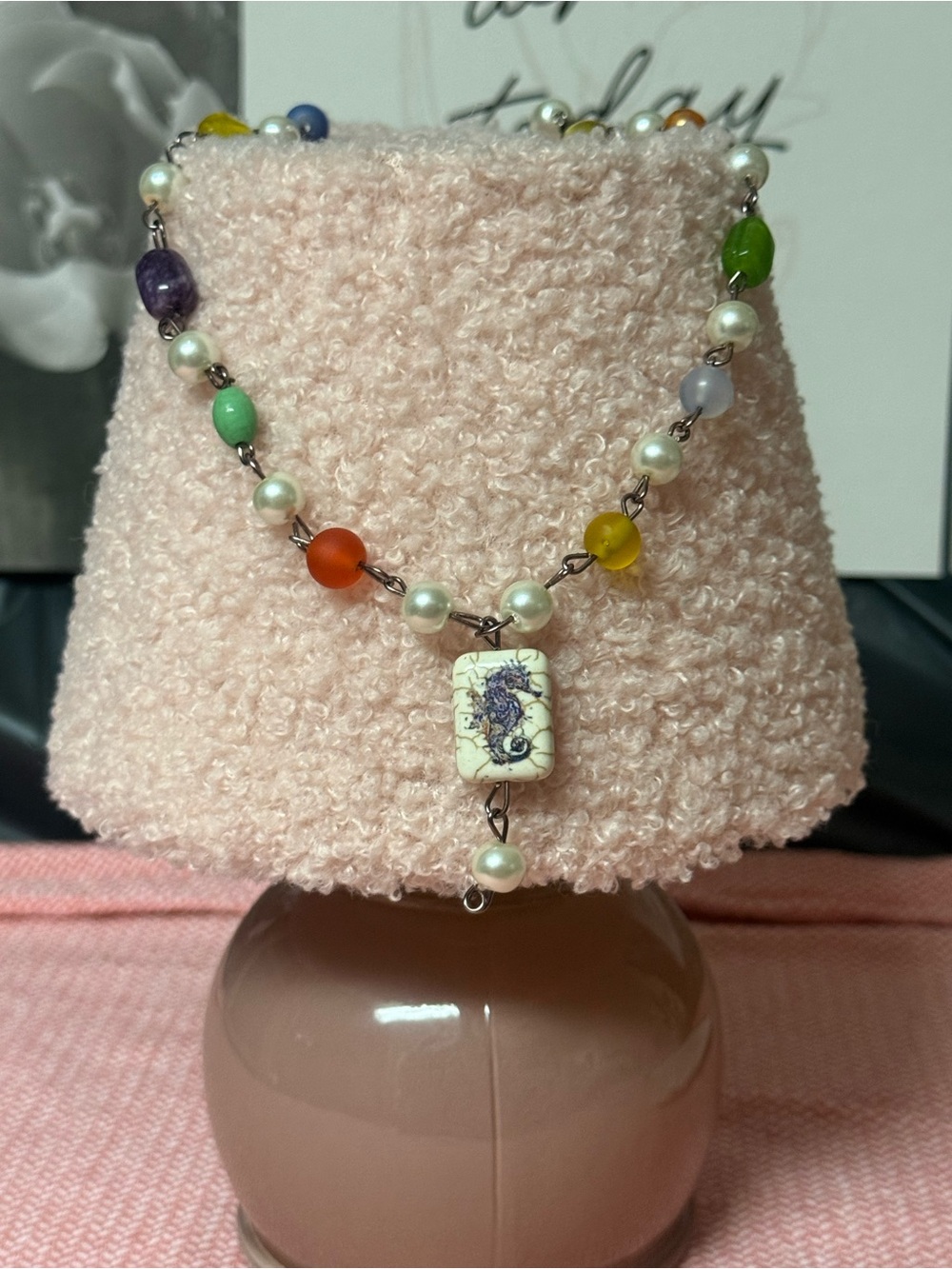 Vintage Multicolor Bead and Pearl Necklace with Seahorse Pendant
